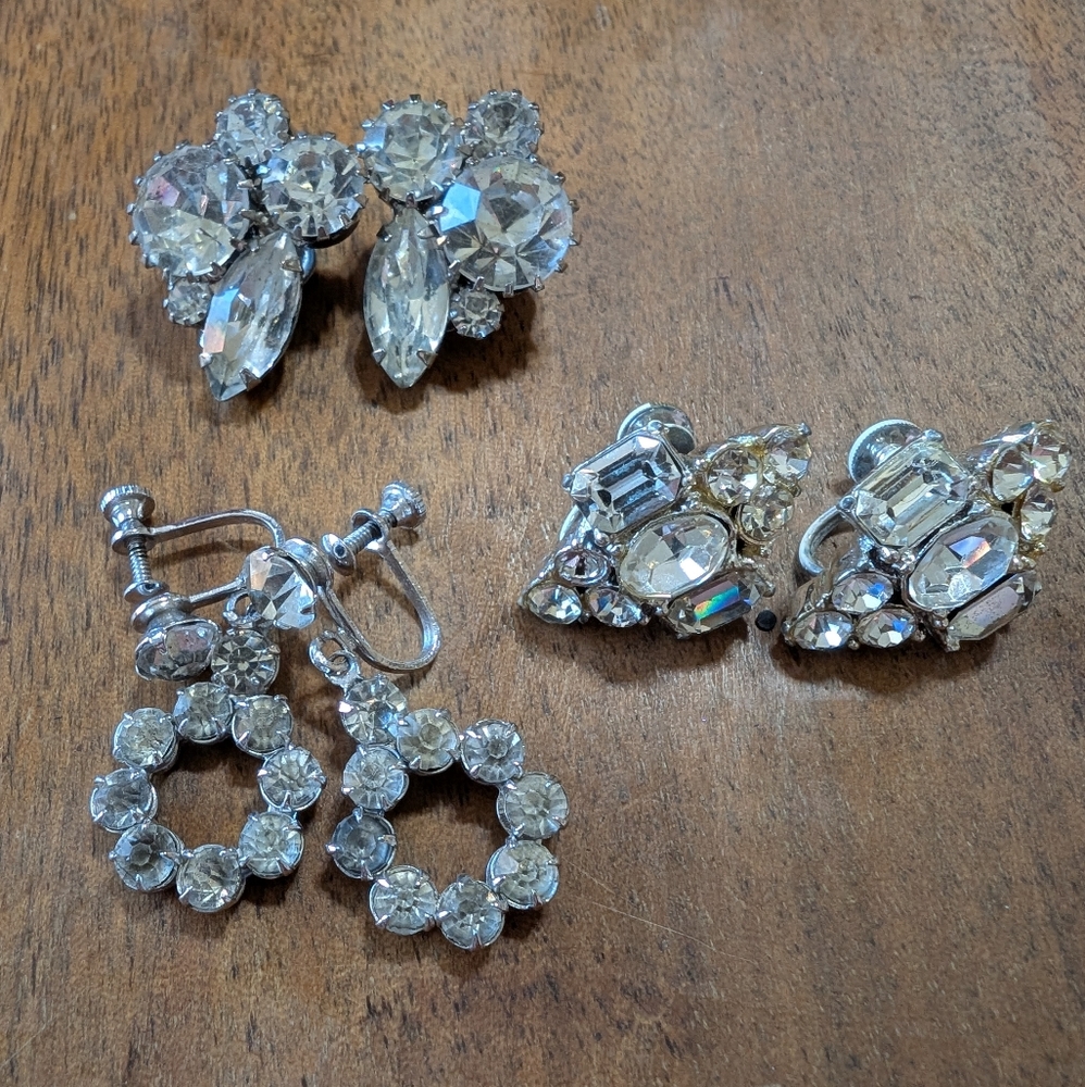3 Pairs Elegant Silver Crystal Clip-On Earrings Set